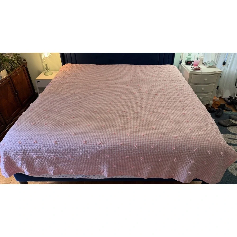 Handmade Reversible Pink Gingham Quilt 88x86 Cotton Tie Quilt Cottagecore